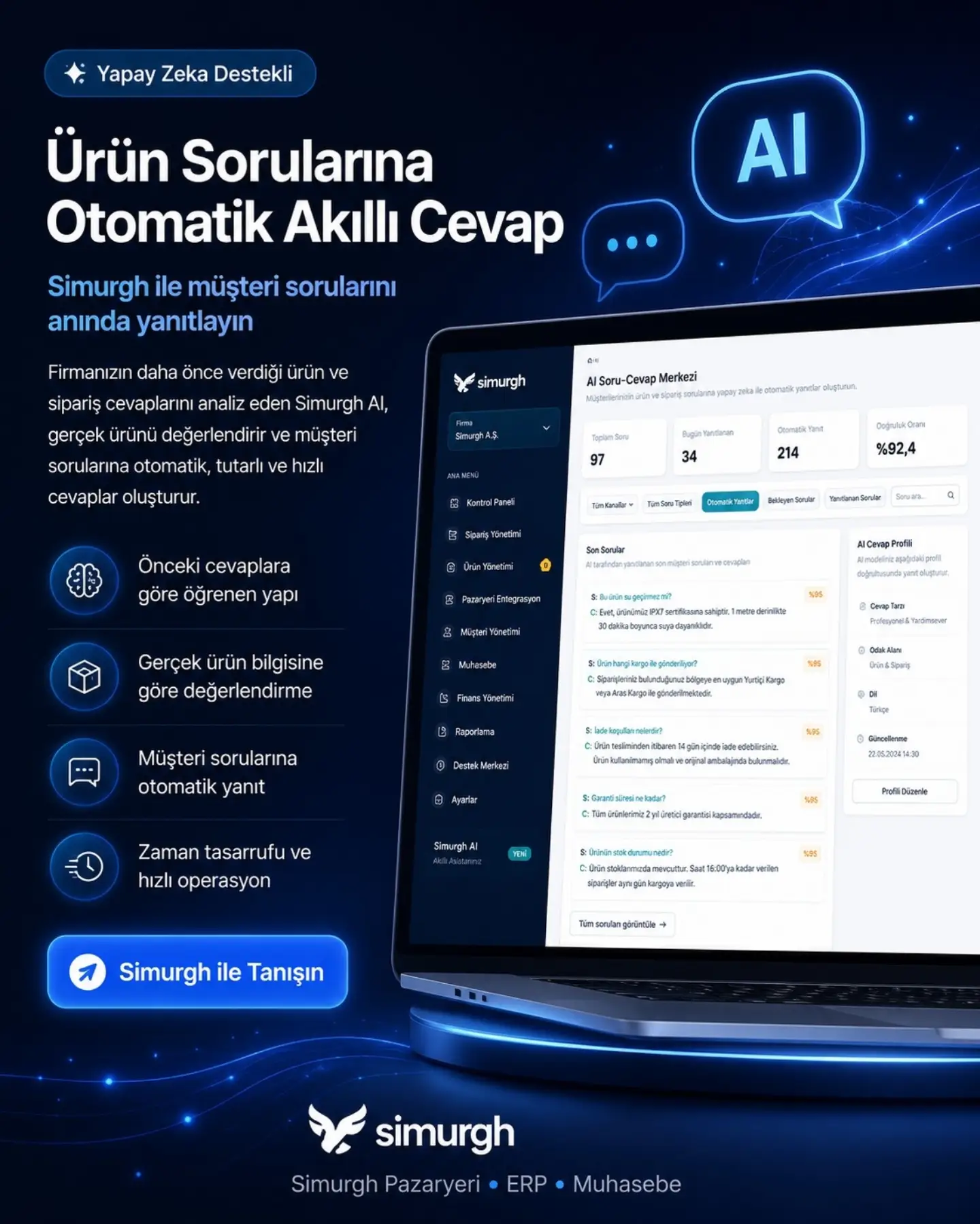 Simurgh yapay zekâ destekli ürün soruları ekranı